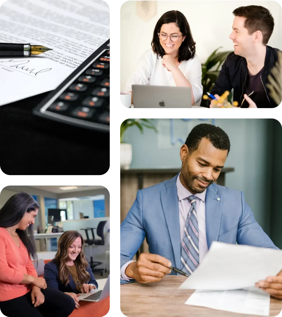 A collage of images showcasing office environments: A document signed with a fountain pen beside a Key Man Insurance calculator, two people smiling and working on a laptop, two women collaborating at a desk with a laptop, and a man in a suit reviewing paperwork at a desk.